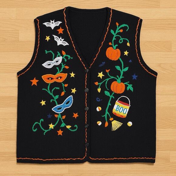 Vintage Halloween Sweater Vest 3XL Pumpkins Candy Corn Bats Embroidered Boo - Picture 1 of 8